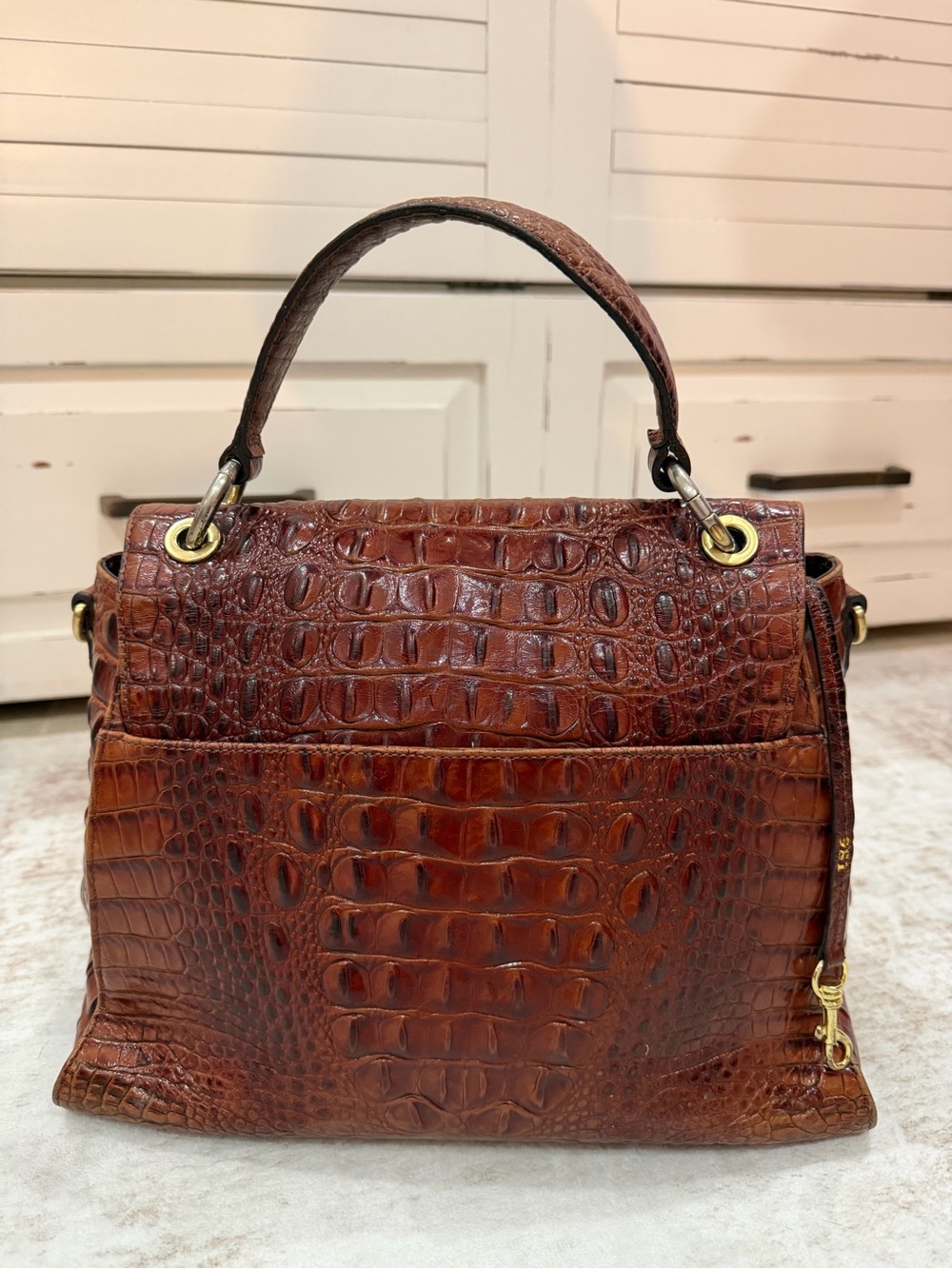 Brahmin Brinley Satchel Pecan Melbourne Leather Top Handle Flap Bag Vintage - Picture 2 of 11